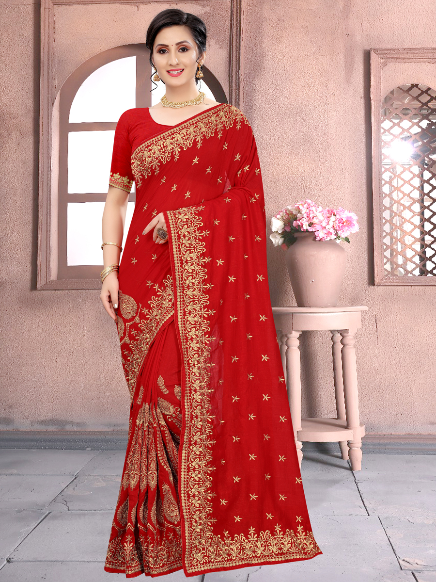 Venetian Red Vichitra Silk Embroidered Party Saree