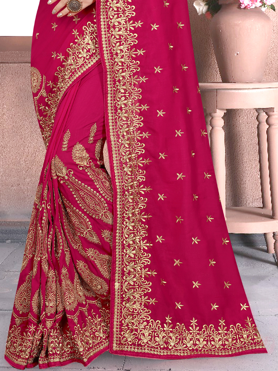 Magenta Pink Vichitra Silk Embroidered Party Saree