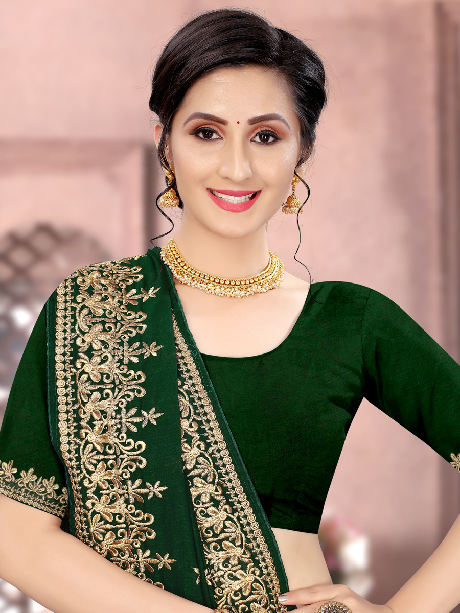 Hunter Green Vichitra Silk Embroidered Party Saree