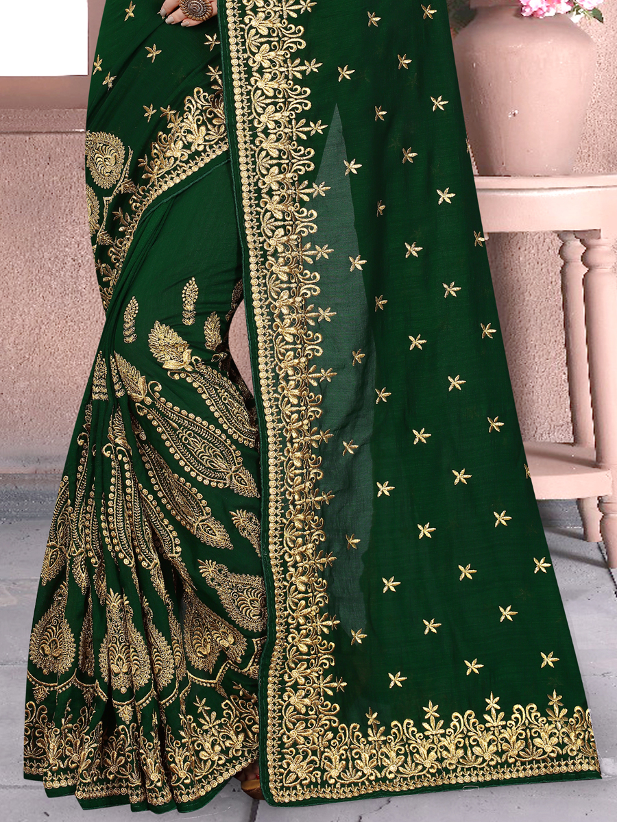 Hunter Green Vichitra Silk Embroidered Party Saree