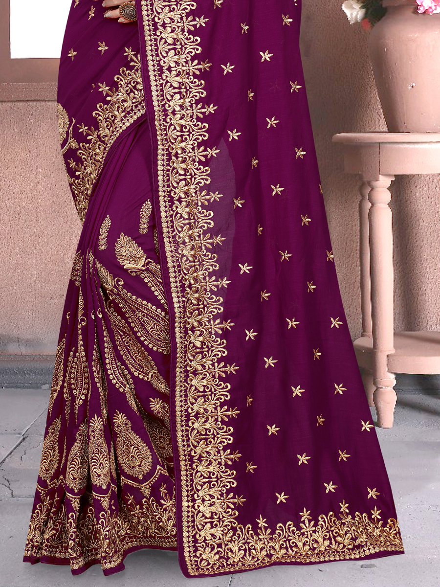 Wine Red Vichitra Silk Embroidered Party Saree