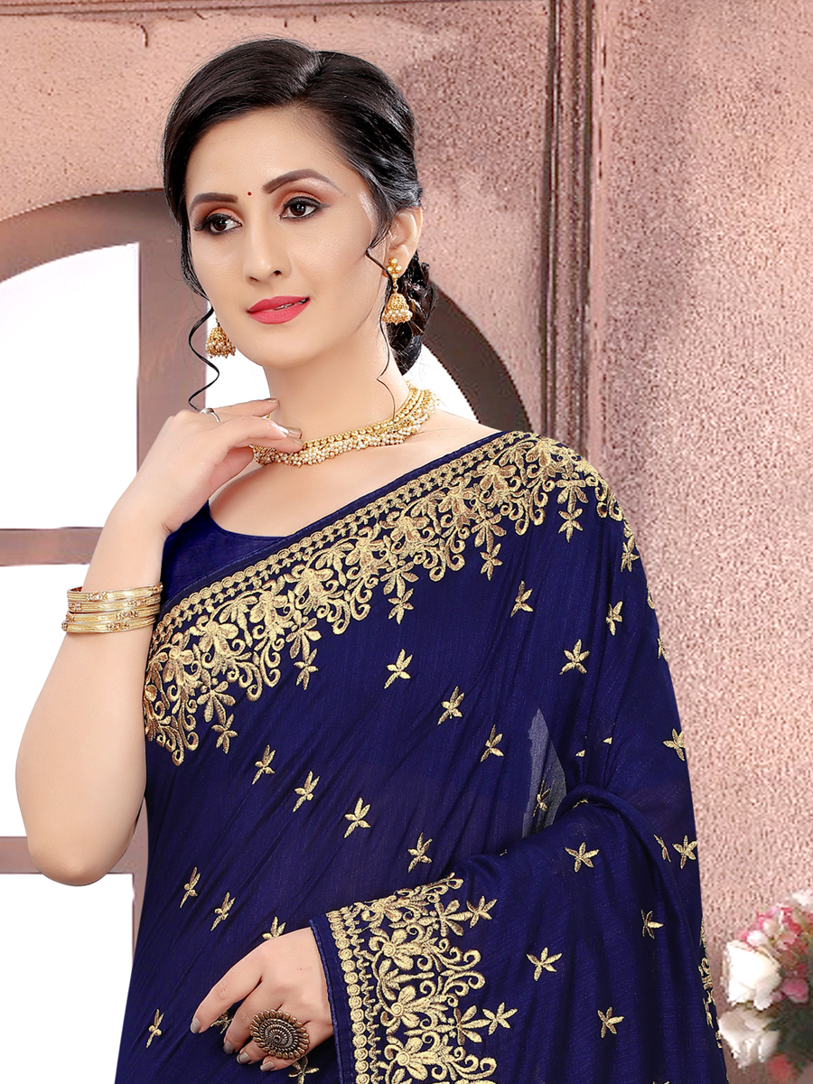 Navy Blue Vichitra Silk Embroidered Party Saree