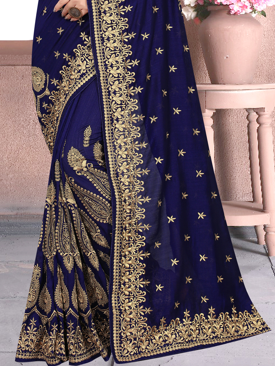 Navy Blue Vichitra Silk Embroidered Party Saree
