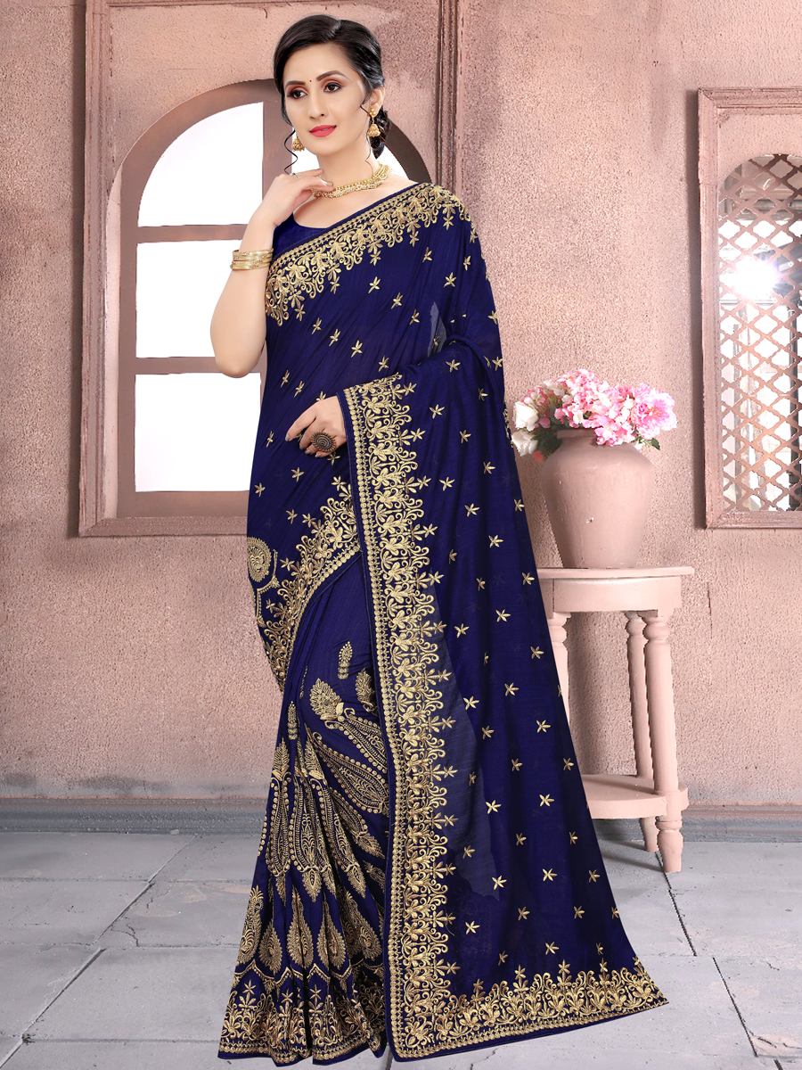 Navy Blue Vichitra Silk Embroidered Party Saree