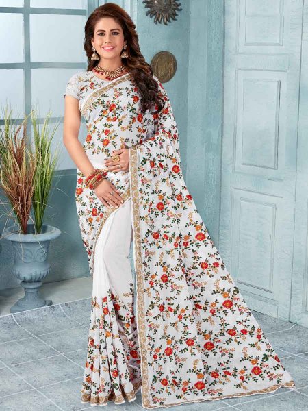 White Faux Georgette Embroidered Party Saree