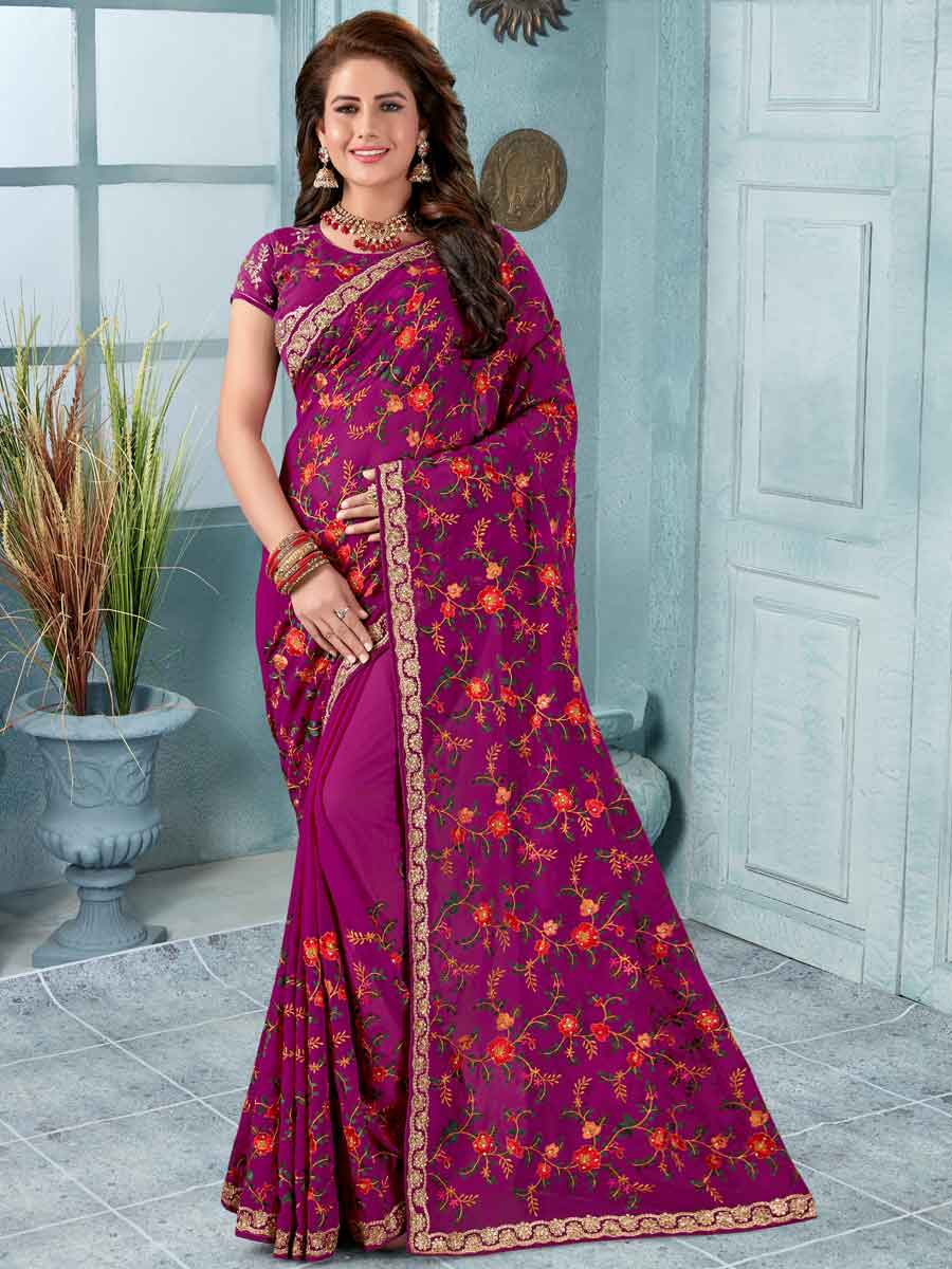 Wine Red Faux Georgette Embroidered Party Saree