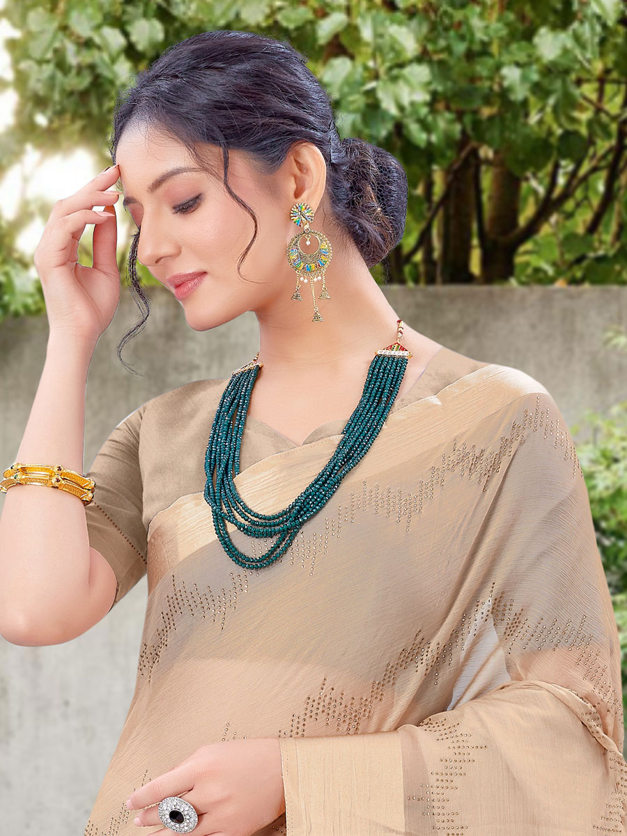Tan Brown Chiffon and Satin Embroidered Party Saree