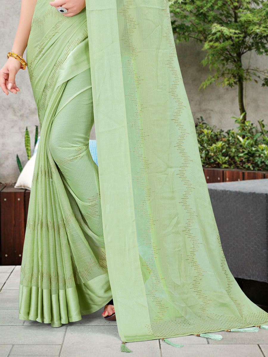 Celadon Green Chiffon and Satin Embroidered Party Saree