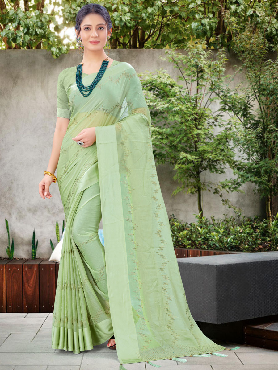 Celadon Green Chiffon and Satin Embroidered Party Saree