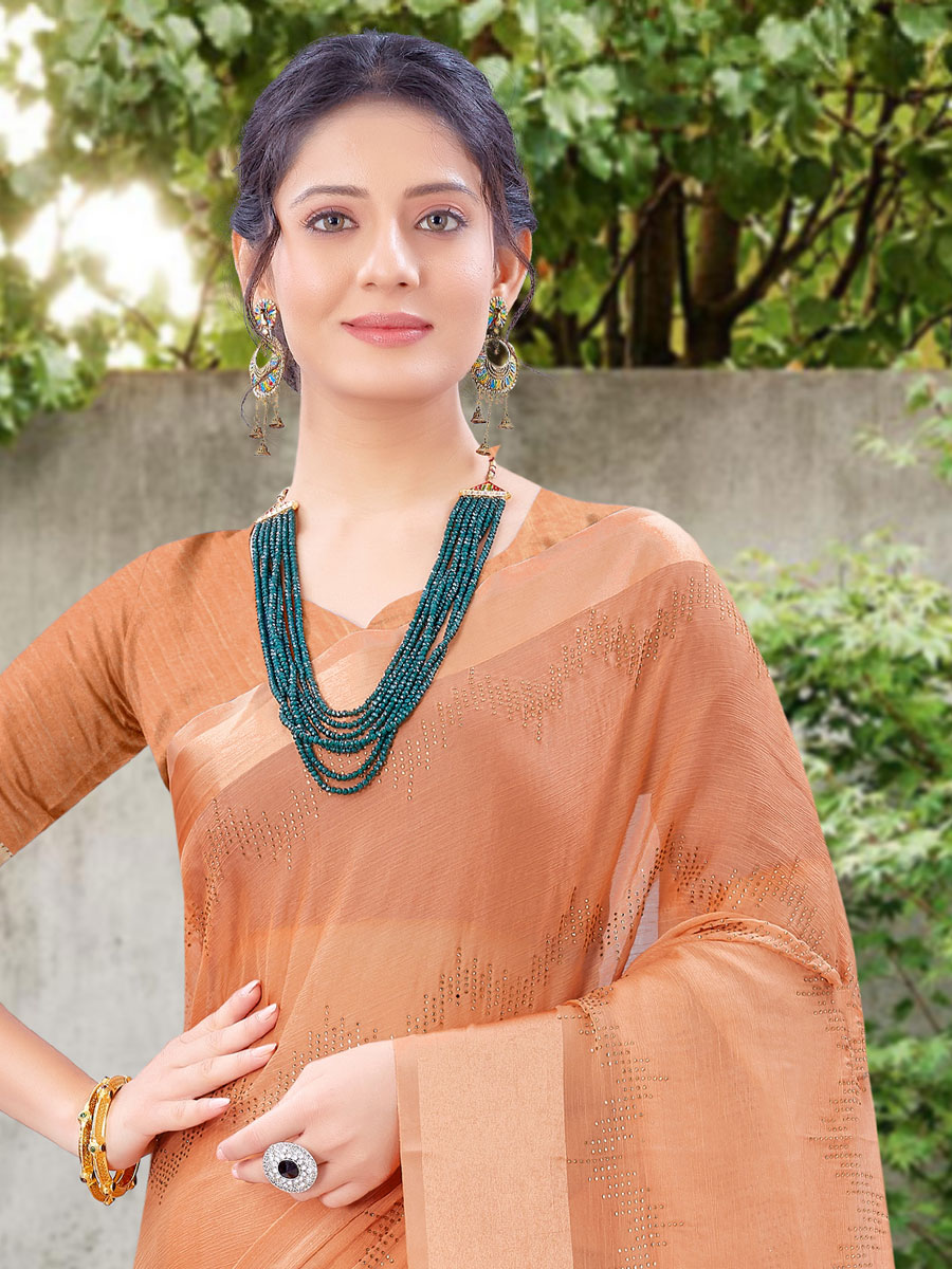 Coral Orange Chiffon and Satin Embroidered Party Saree