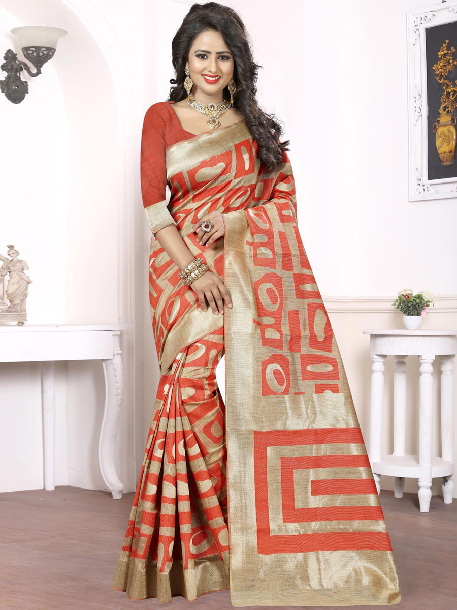 Portland Orange Banarasi Art Silk Handwoven Festival Saree