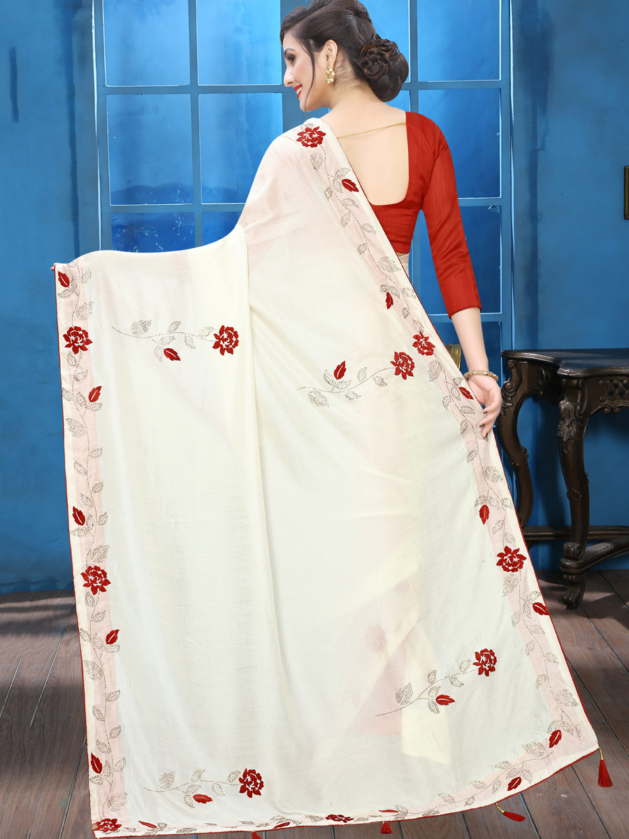 Off-White Vichitra Silk Designer Party Saree