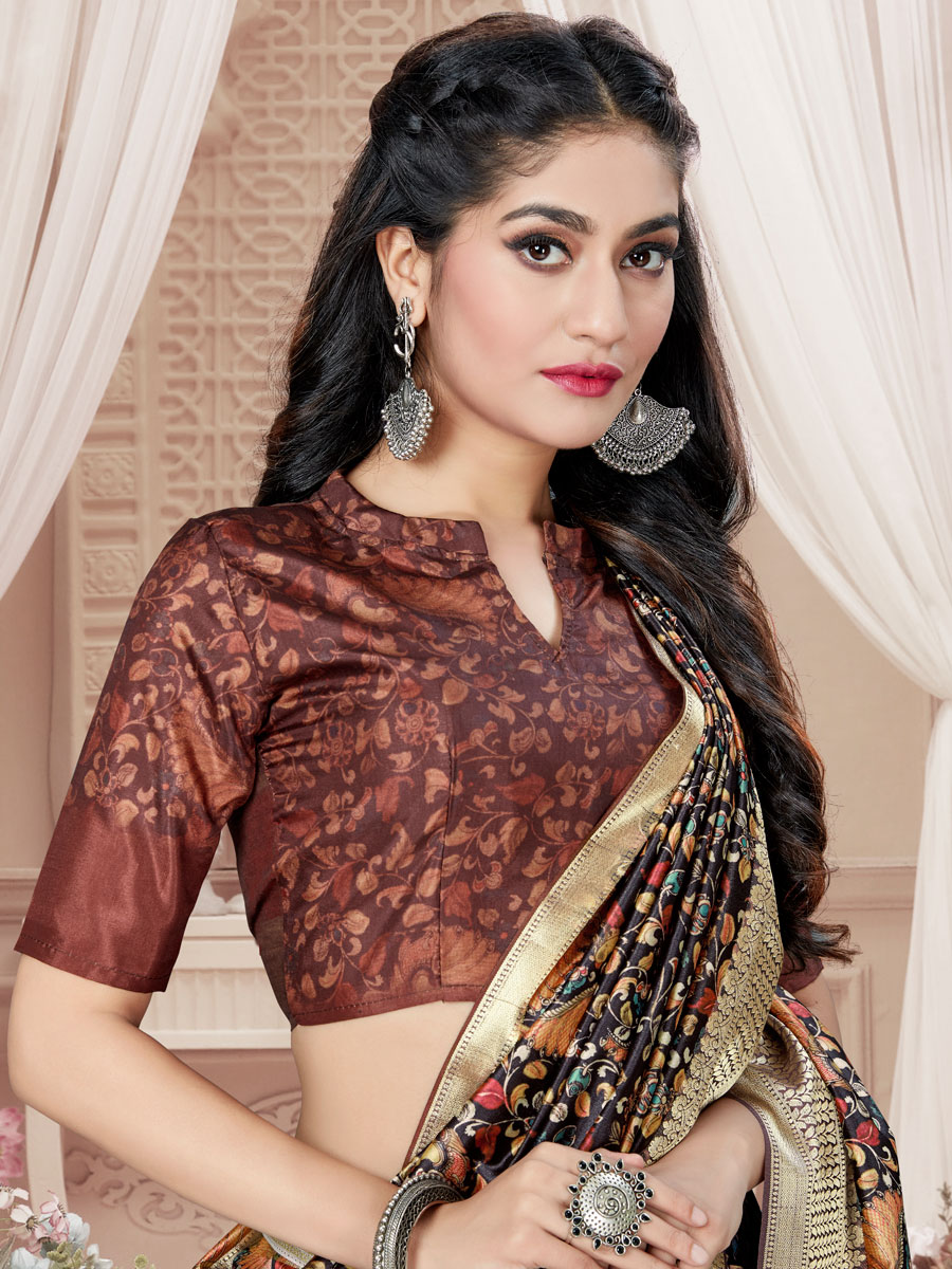 Seal Brown Art Silk Printed Party Saree