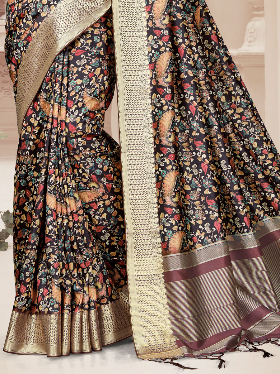 Seal Brown Art Silk Printed Party Saree