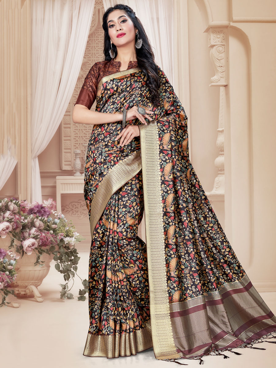 Seal Brown Art Silk Printed Party Saree