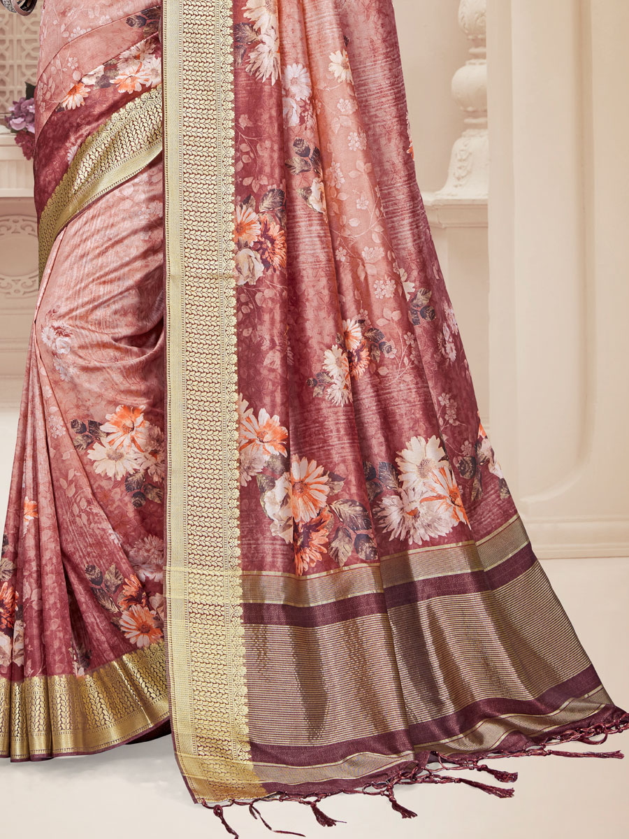 Cordovan Brown Art Silk Printed Party Saree