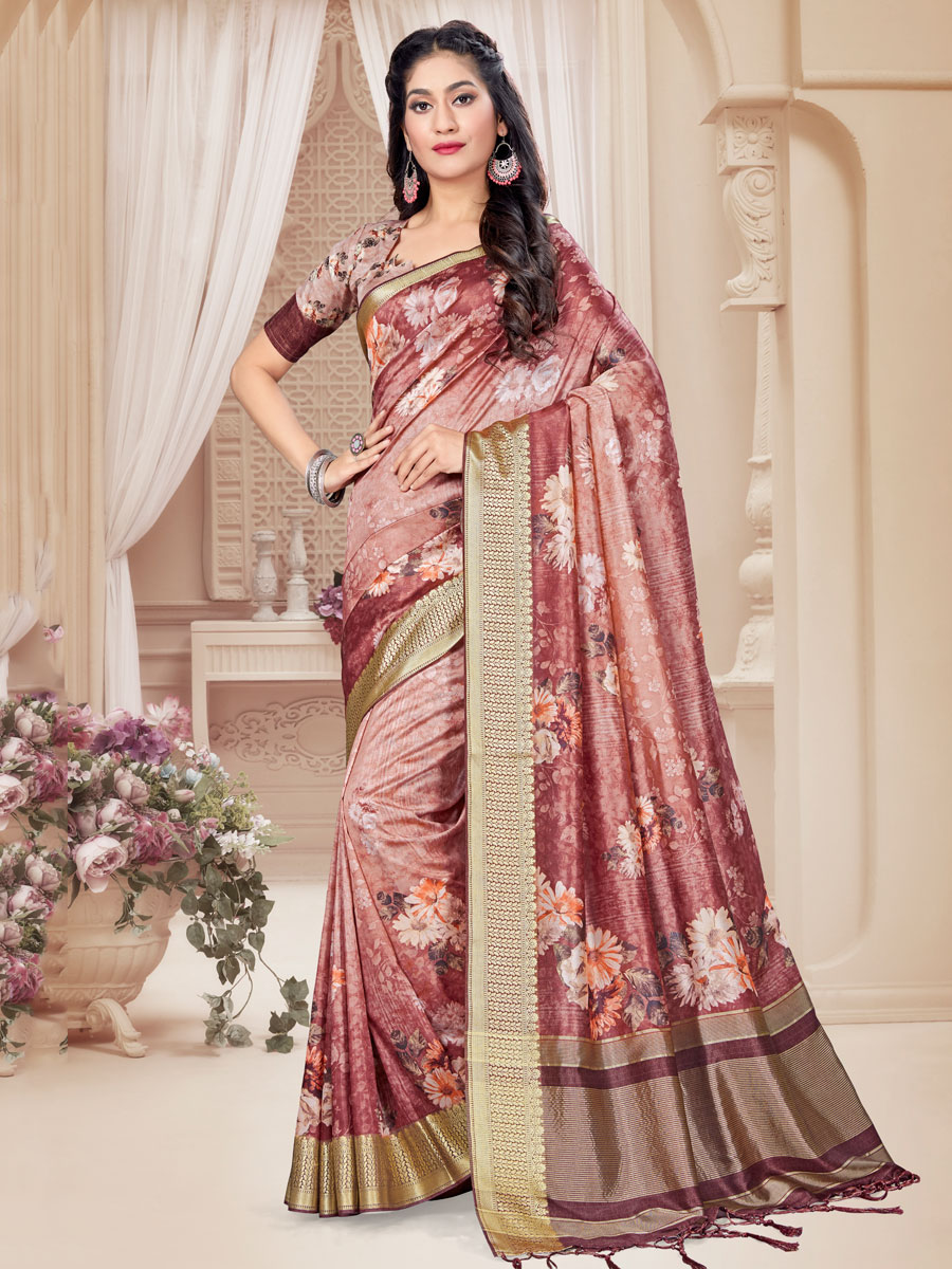 Cordovan Brown Art Silk Printed Party Saree