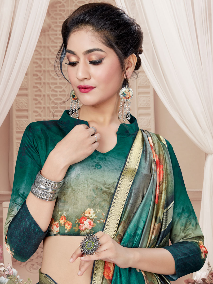 Viridian Green Art Silk Printed Party Saree