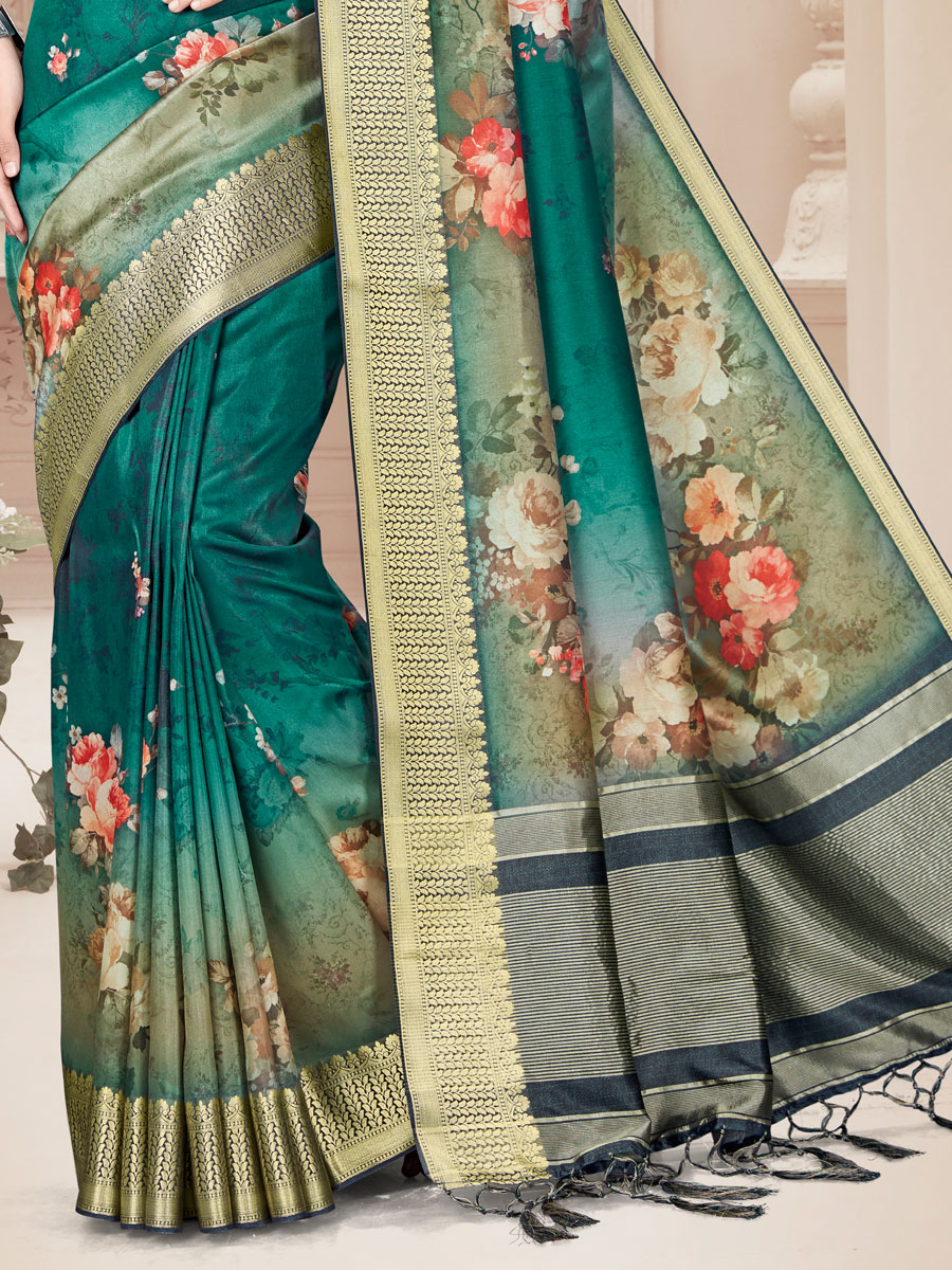 Viridian Green Art Silk Printed Party Saree