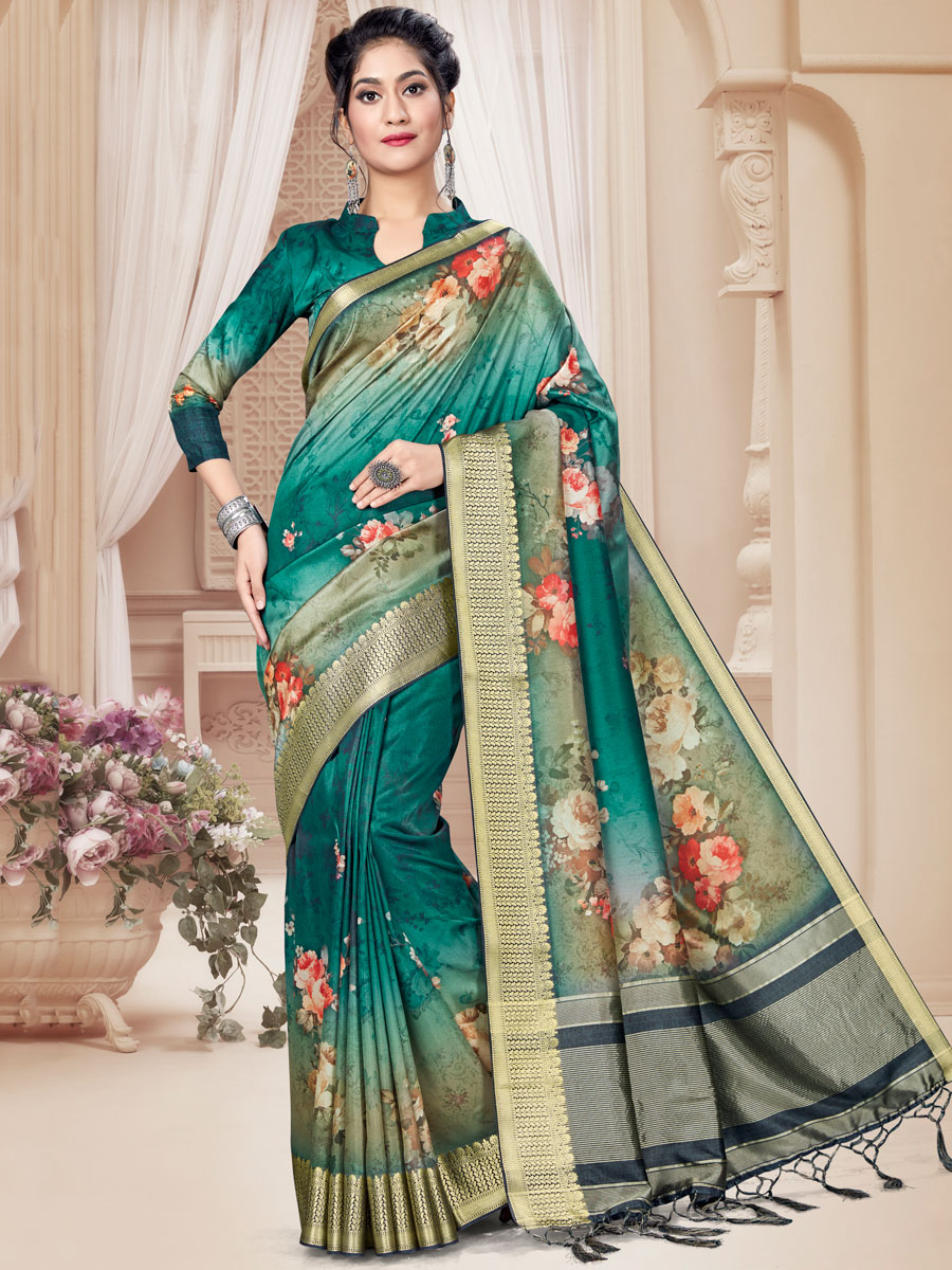 Viridian Green Art Silk Printed Party Saree