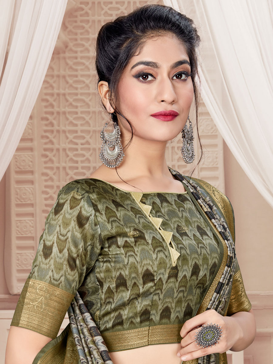 Olive Drab Green Art Silk Printed Party Saree