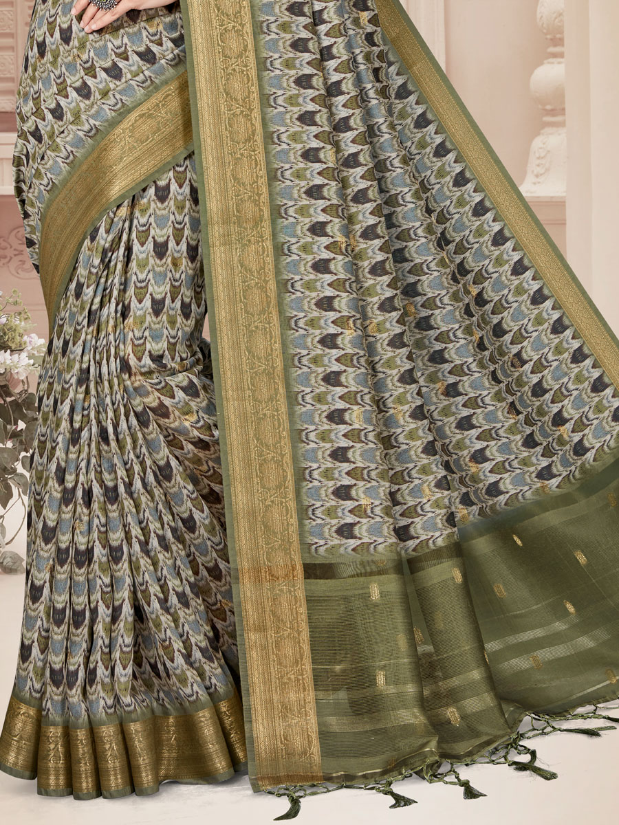 Olive Drab Green Art Silk Printed Party Saree