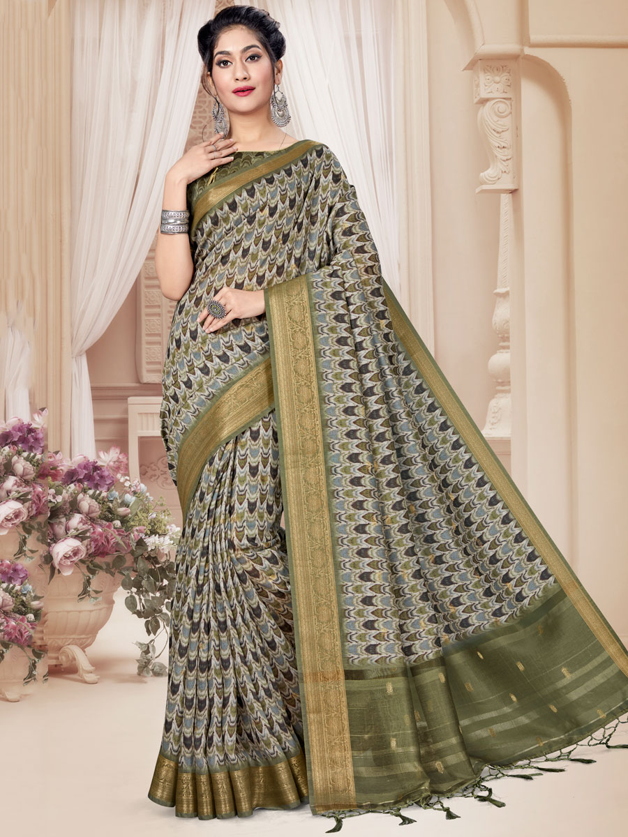 Olive Drab Green Art Silk Printed Party Saree