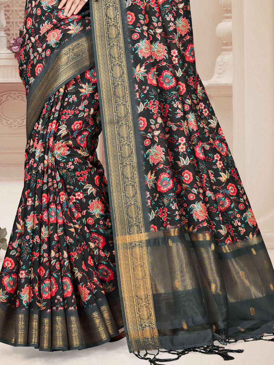 Black Art Silk Printed Party Saree