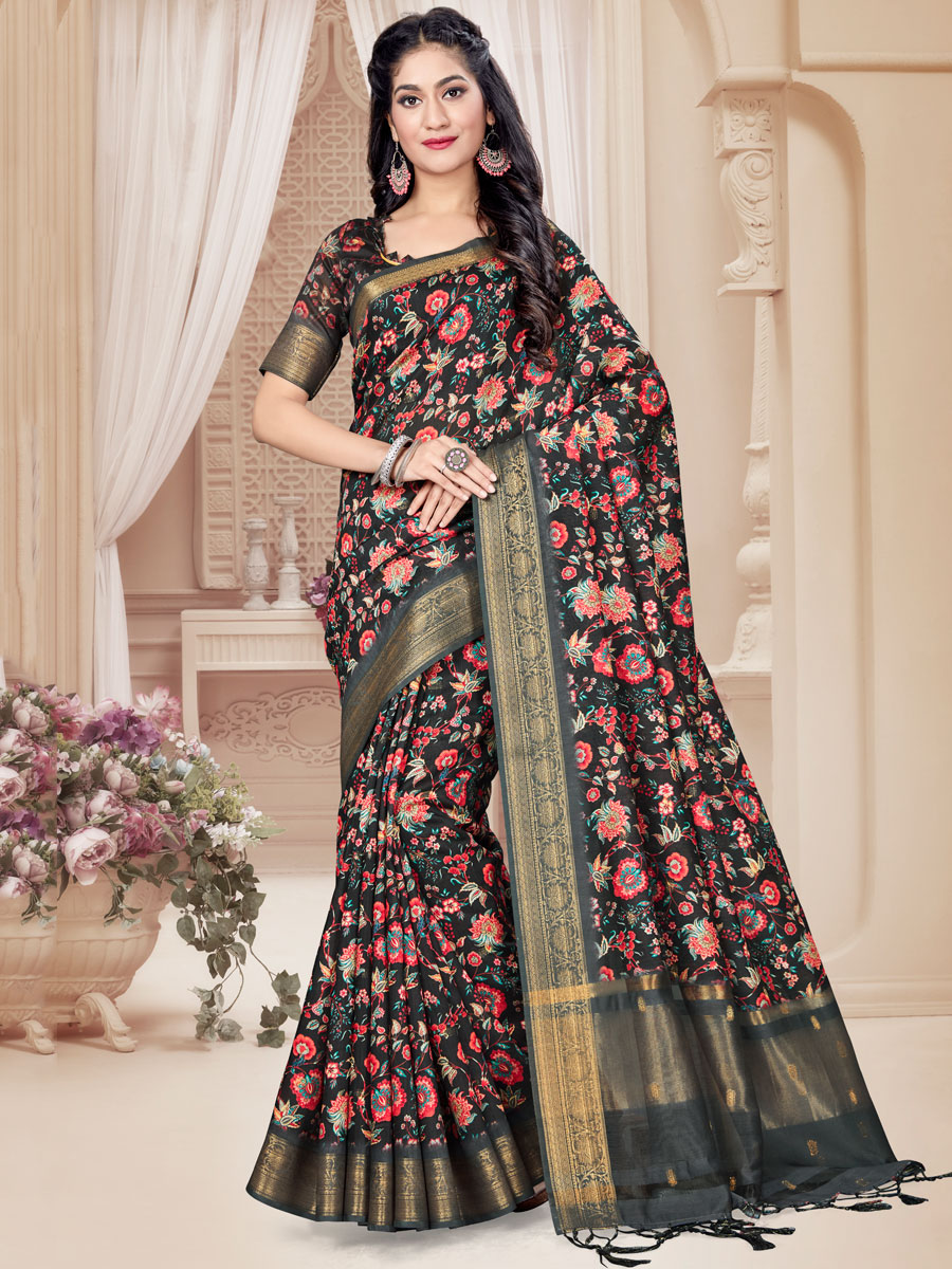 Black Art Silk Printed Party Saree