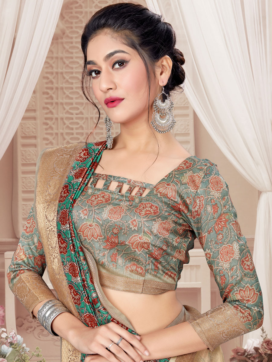 Jungle Green Art Silk Printed Party Saree