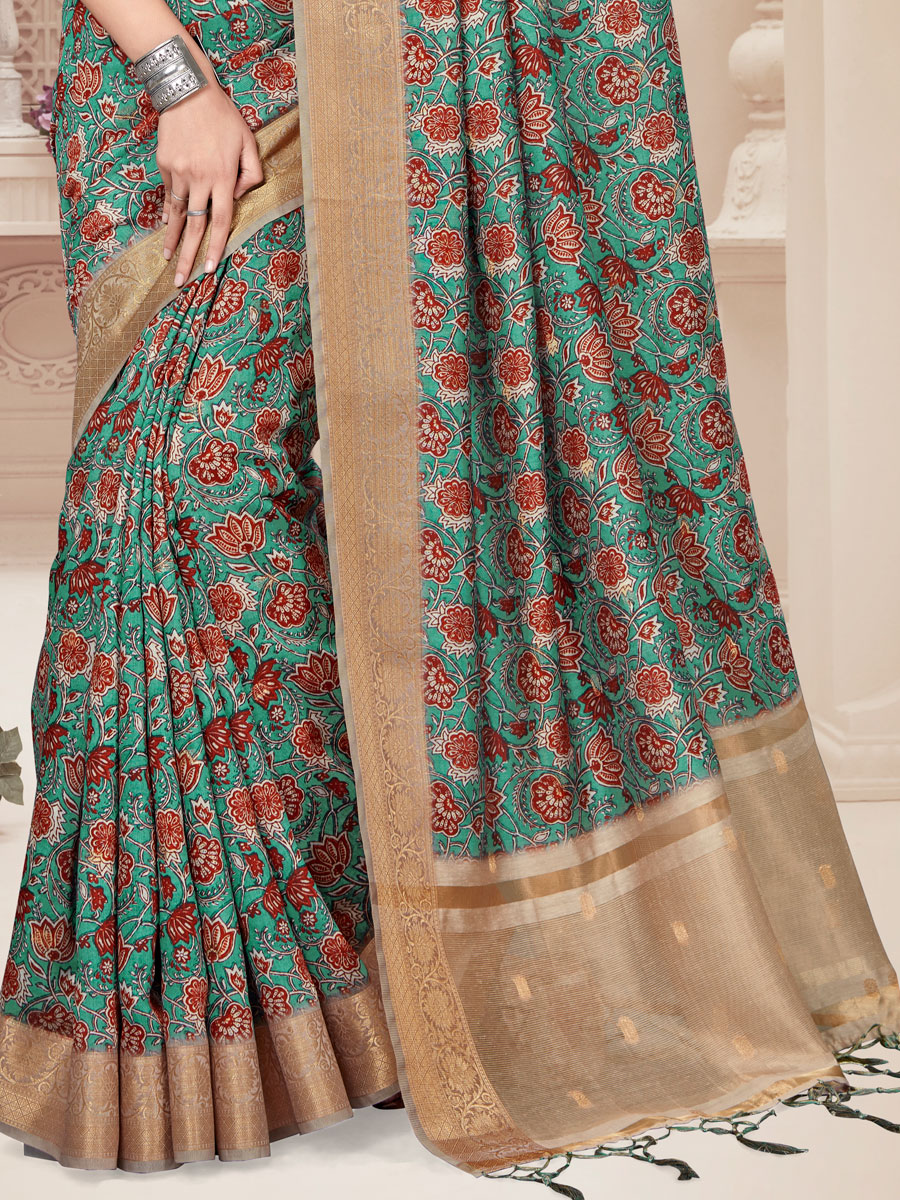 Jungle Green Art Silk Printed Party Saree