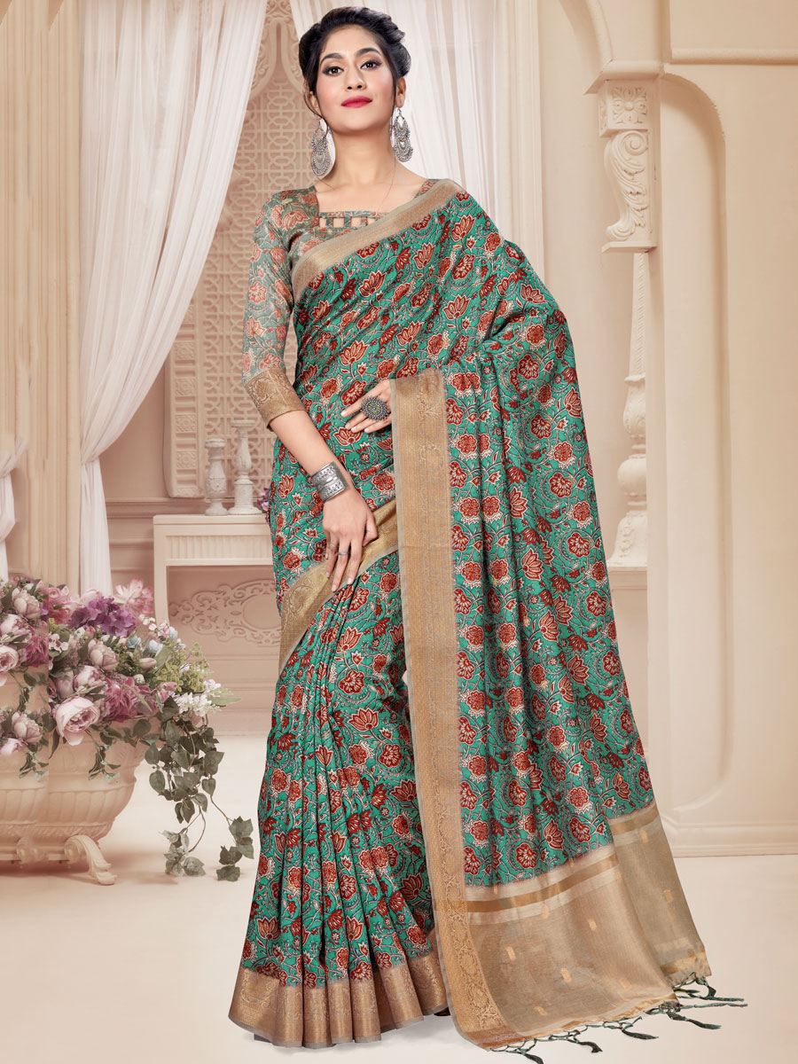 Jungle Green Art Silk Printed Party Saree