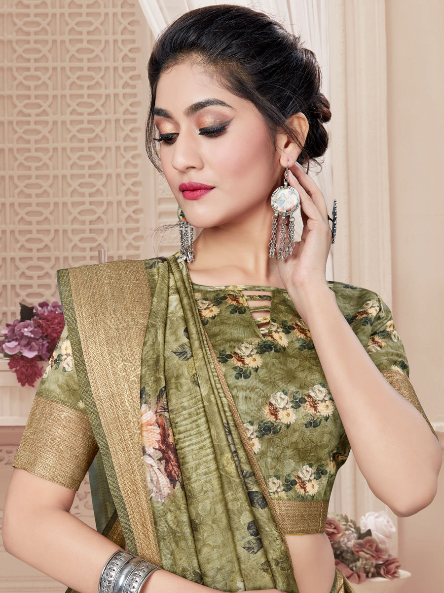Olive Drab Green Art Silk Printed Party Saree