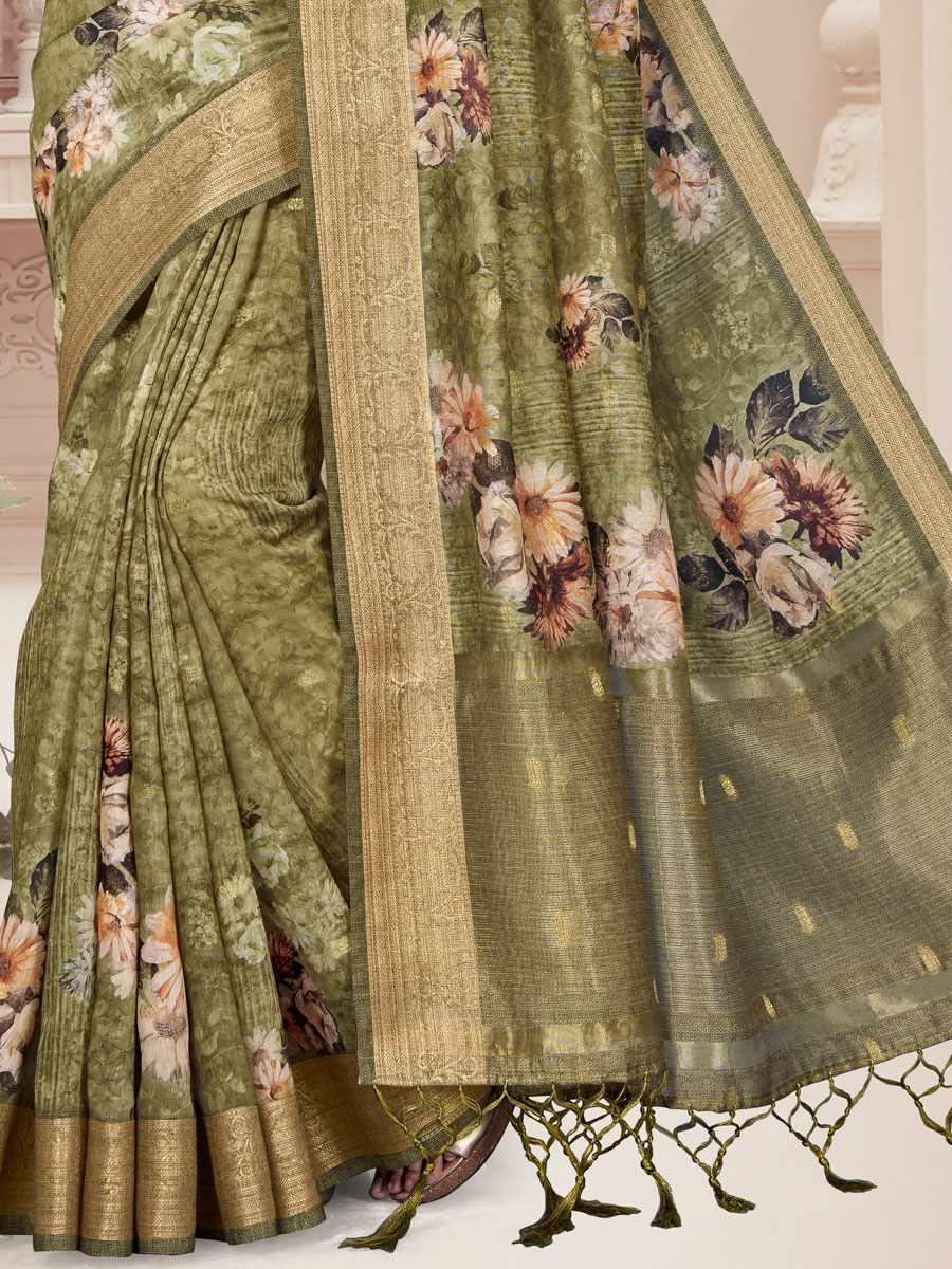 Olive Drab Green Art Silk Printed Party Saree