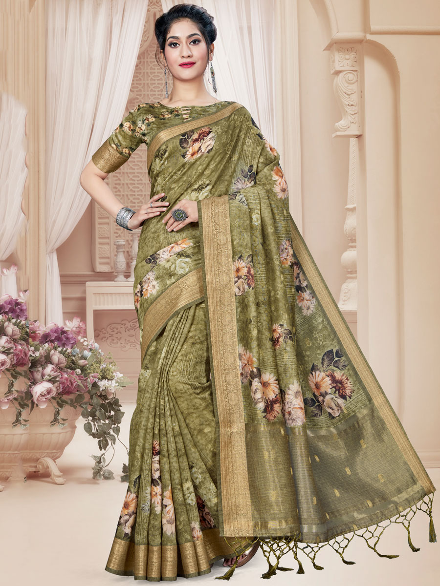 Olive Drab Green Art Silk Printed Party Saree
