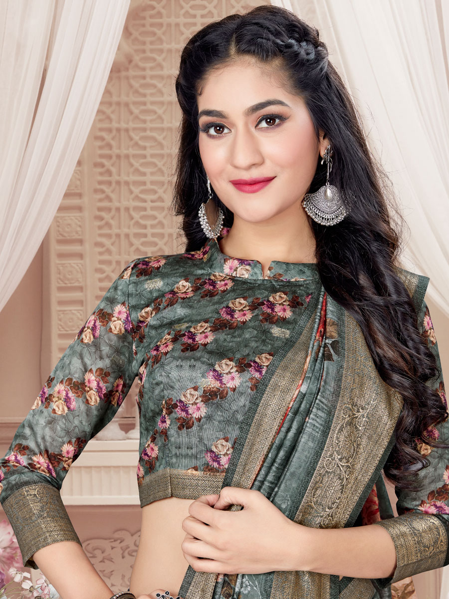 Slate Gray Art Silk Printed Party Saree