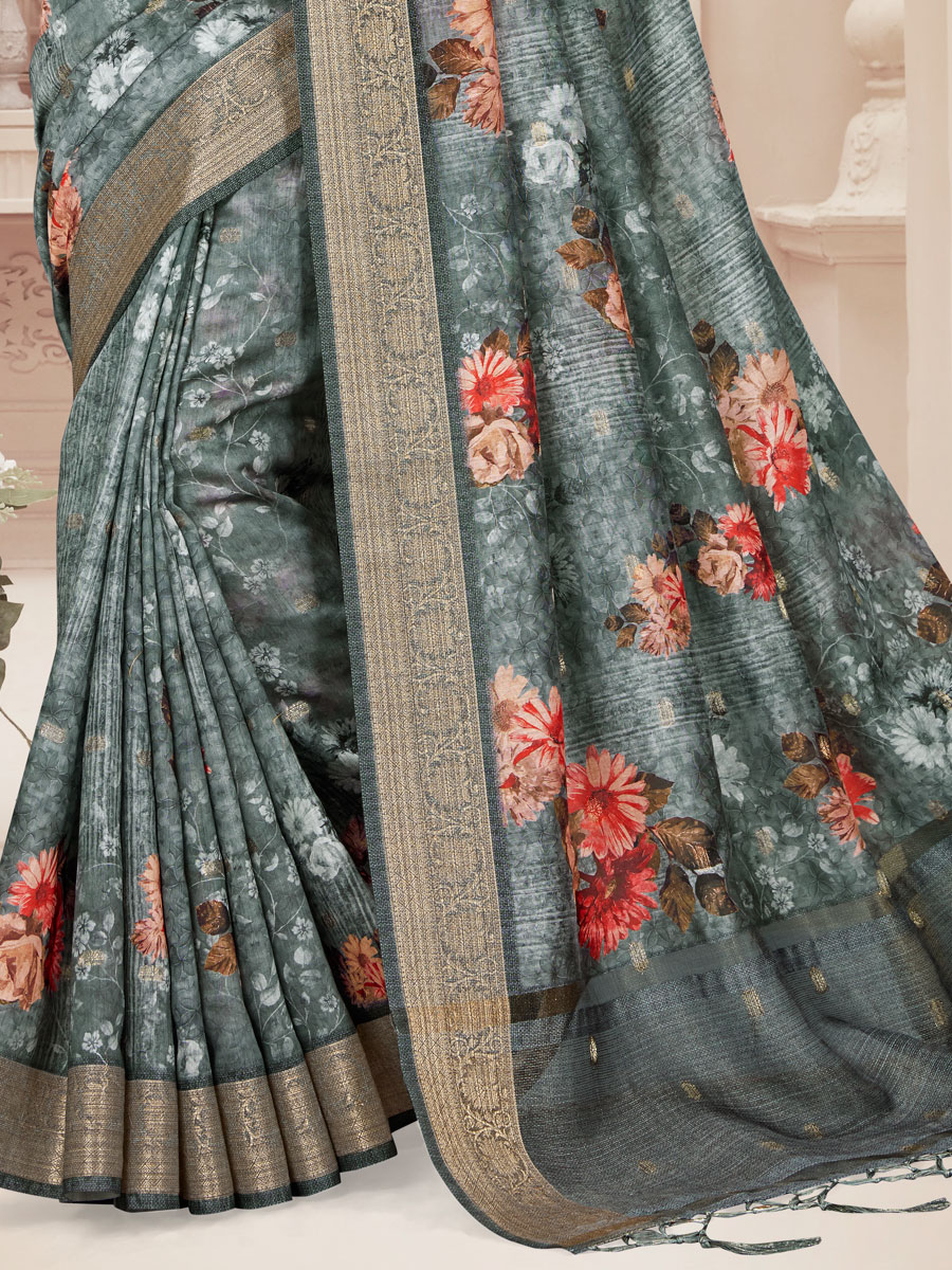 Slate Gray Art Silk Printed Party Saree