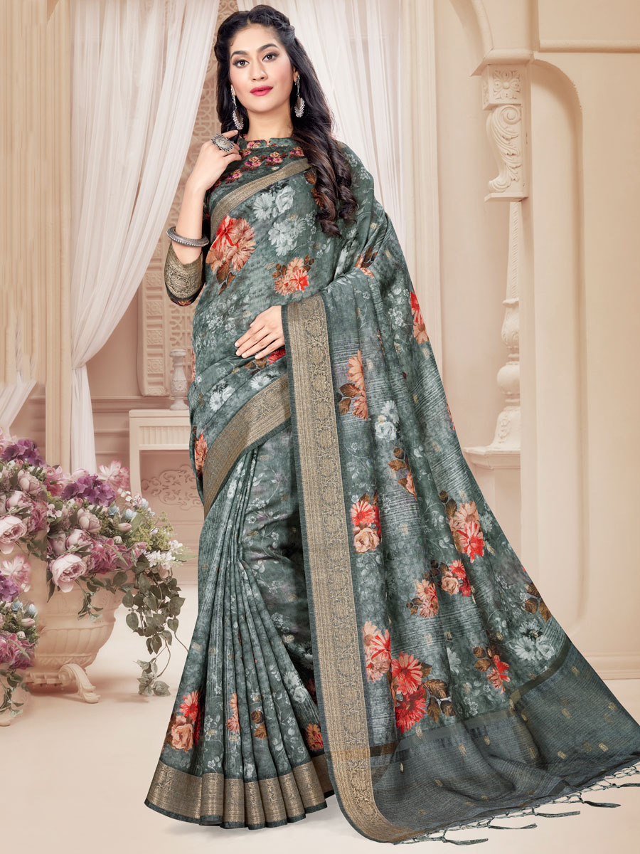 Slate Gray Art Silk Printed Party Saree