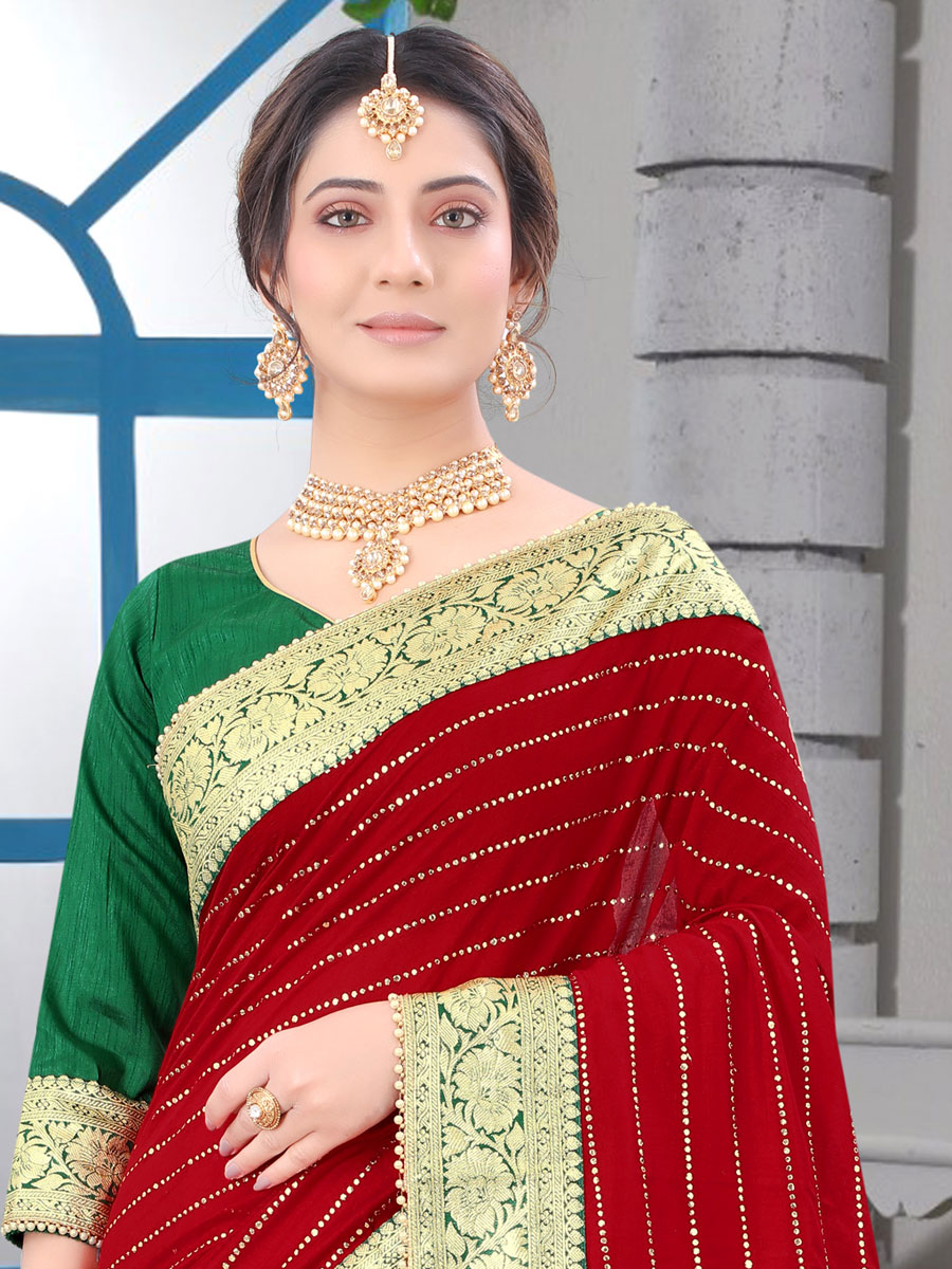 Venetian Red Vichitra Silk Designer Party Saree