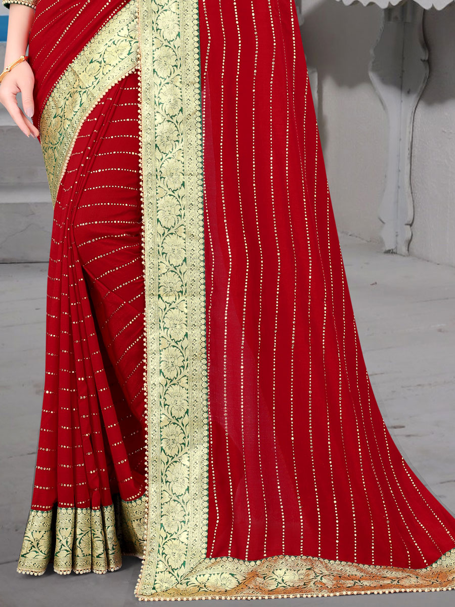 Venetian Red Vichitra Silk Designer Party Saree