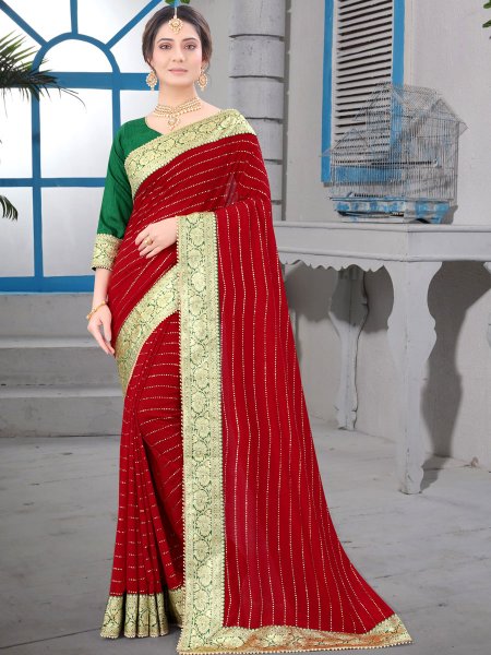 Venetian Red Vichitra Silk Designer Party Saree