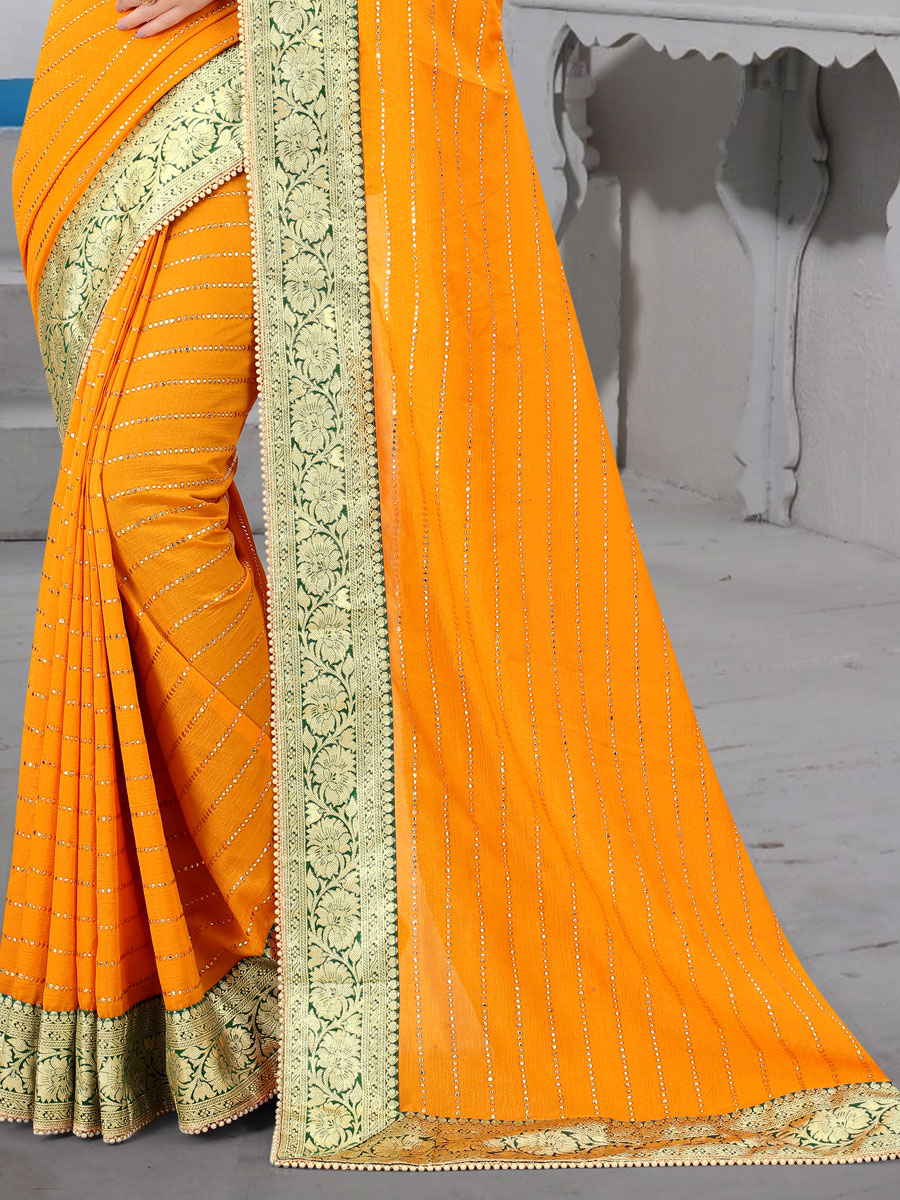 Gamboge Yellow Vichitra Silk Designer Party Saree