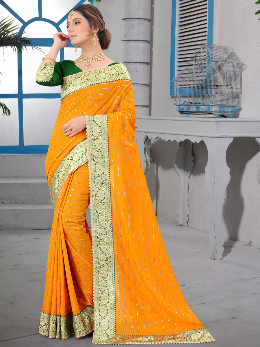 Gamboge Yellow Vichitra Silk Designer Party Saree