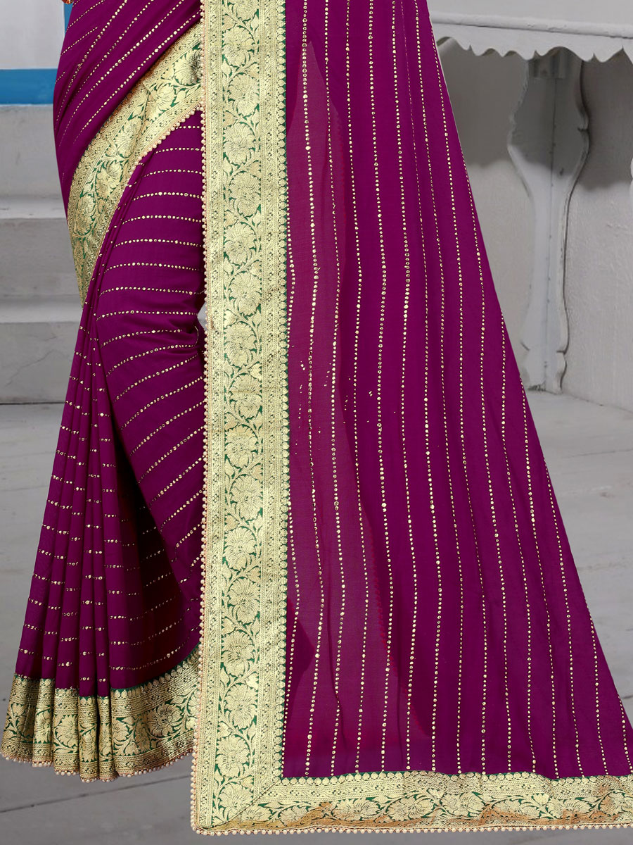 Purple Vichitra Silk Designer Party Saree