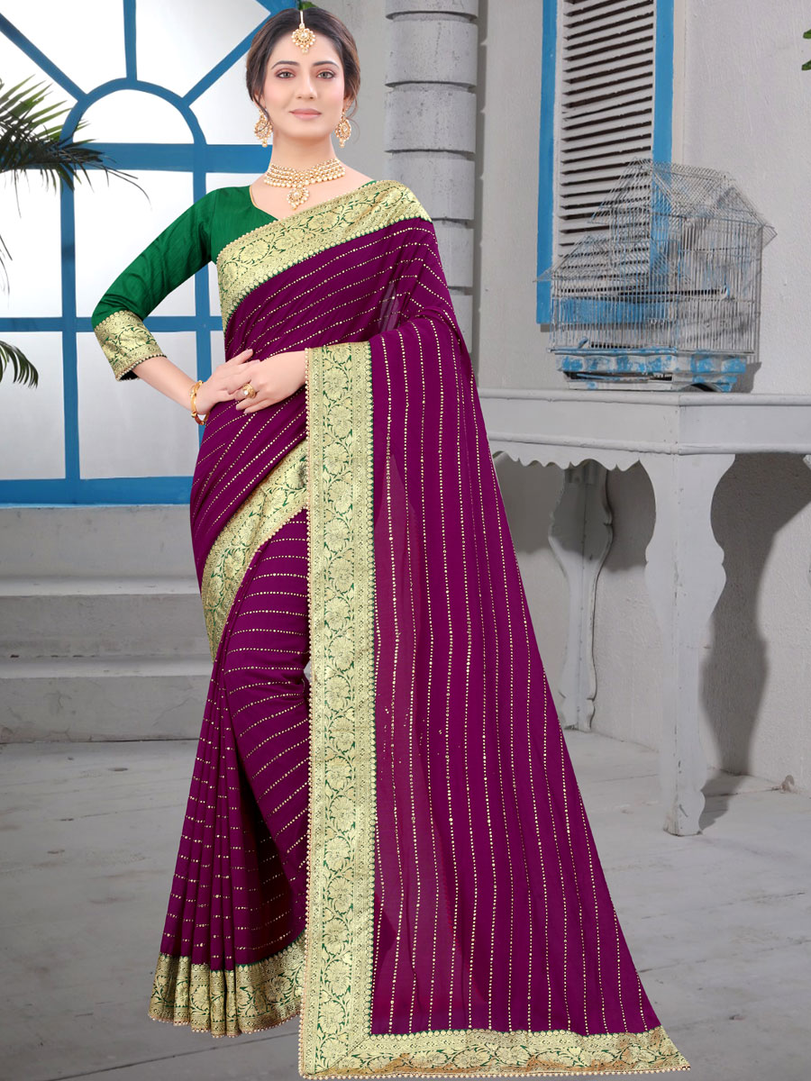 Purple Vichitra Silk Designer Party Saree