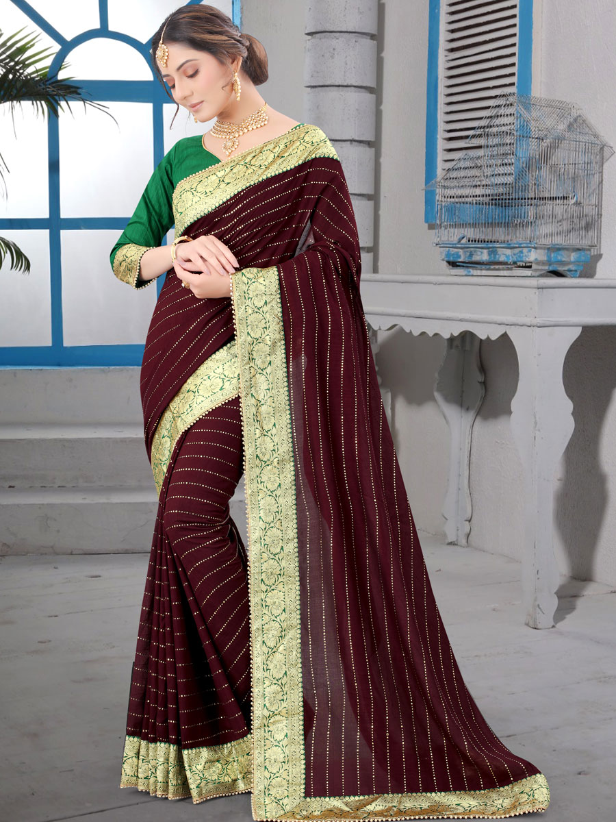 Bole Brown Vichitra Silk Designer Party Saree