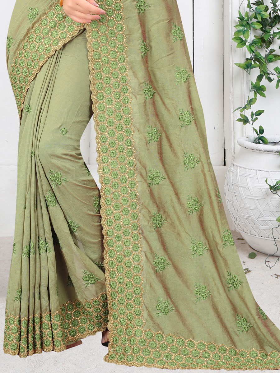 Moss Green Vichitra Silk Embroidered Festival Saree