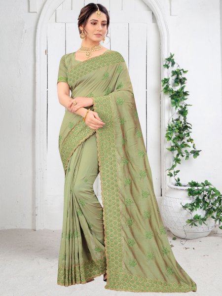 Moss Green Vichitra Silk Embroidered Festival Saree