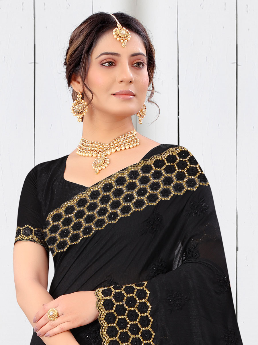 Black Vichitra Silk Embroidered Festival Saree