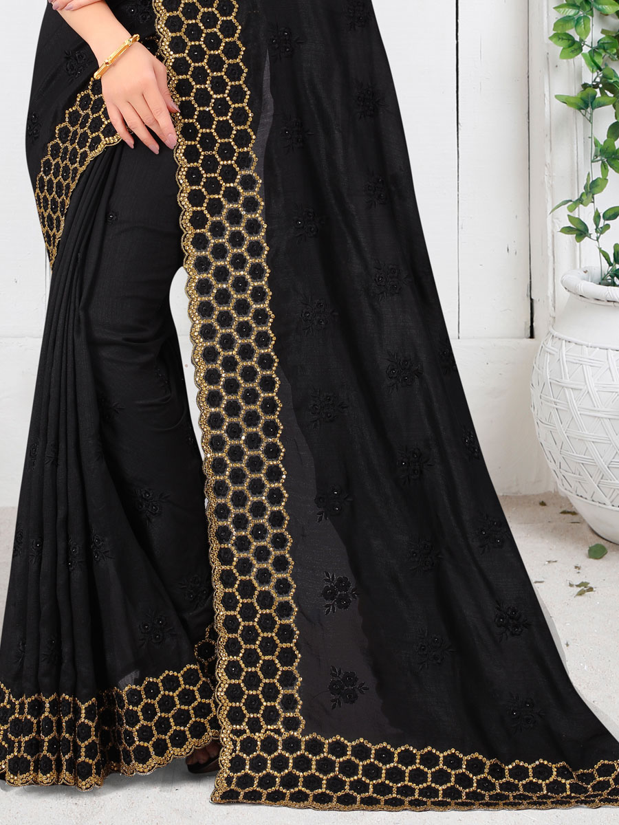 Black Vichitra Silk Embroidered Festival Saree